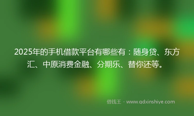 2025年的手机借款平台有哪些有：随身贷、东方汇、中原消费金融、分期乐、替你还等。