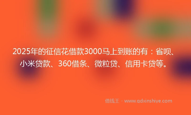 2025年的征信花借款3000马上到账的有：省呗、小米贷款、360借条、微粒贷、信用卡贷等。