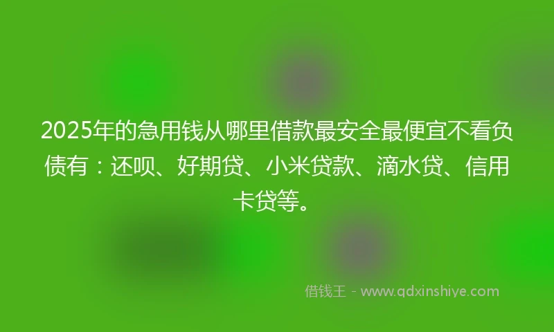 2025年的急用钱从哪里借款最安全最便宜不看负债有：还呗、好期贷、小米贷款、滴水贷、信用卡贷等。