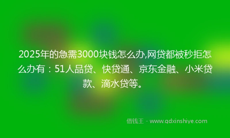 2025年的急需3000块钱怎么办,网贷都被秒拒怎么办有：51人品贷、快贷通、京东金融、小米贷款、滴水贷等。