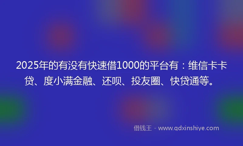 2025年的有没有快速借1000的平台有：维信卡卡贷、度小满金融、还呗、投友圈、快贷通等。