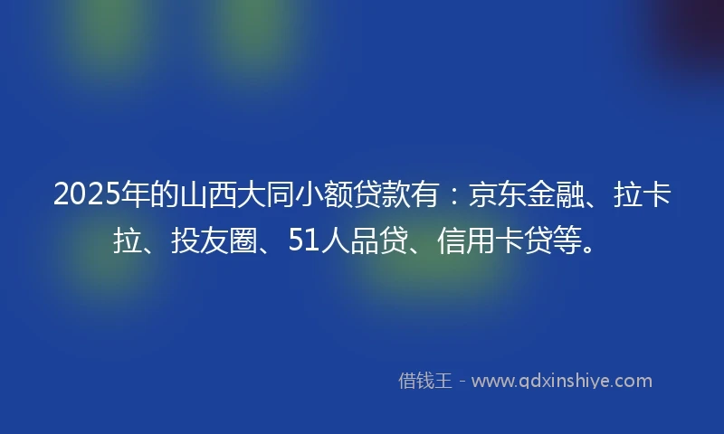 2025年的山西大同小额贷款有：京东金融、拉卡拉、投友圈、51人品贷、信用卡贷等。