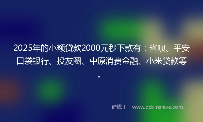 2025年的小额贷款2000元秒下款有：省呗、平安口袋银行、投友圈、中原消费金融、小米贷款等。