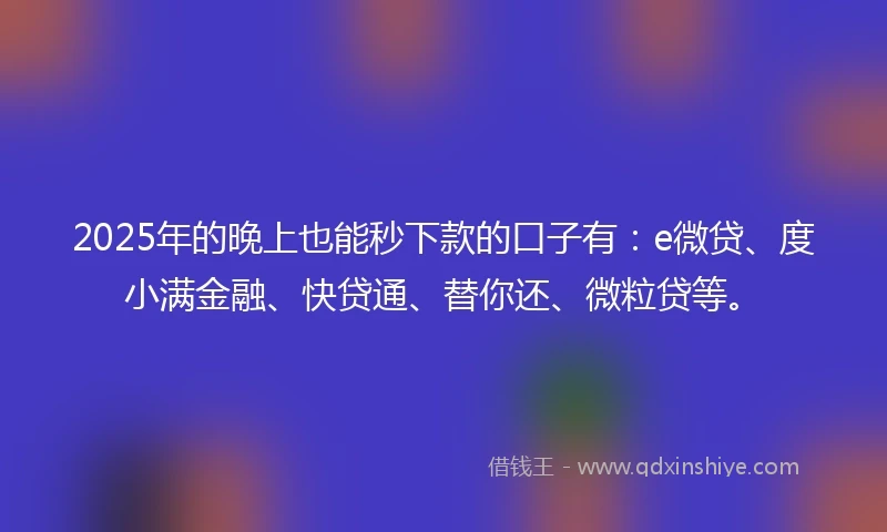 2025年的晚上也能秒下款的口子有：e微贷、度小满金融、快贷通、替你还、微粒贷等。