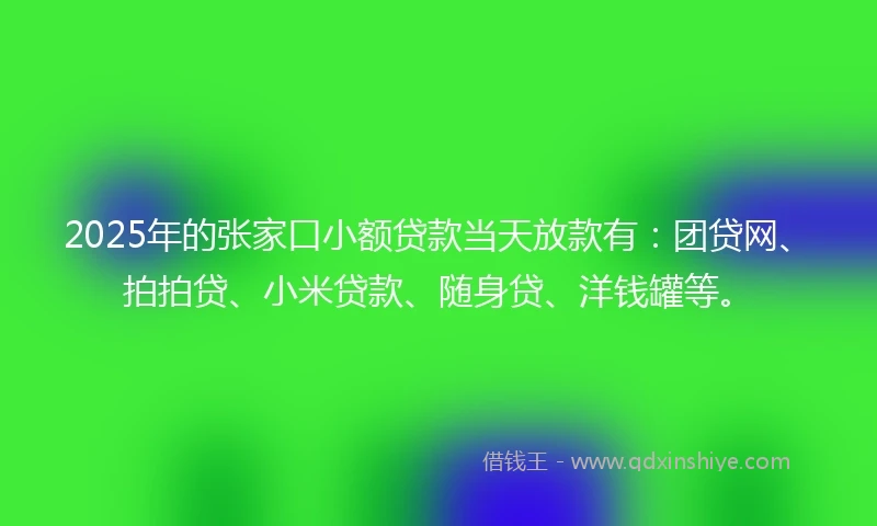 2025年的张家口小额贷款当天放款有：团贷网、拍拍贷、小米贷款、随身贷、洋钱罐等。