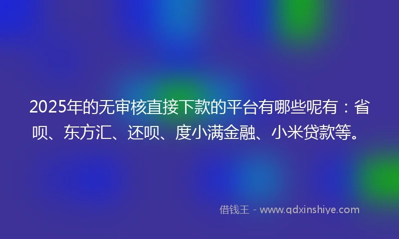 2025年的无审核直接下款的平台有哪些呢有：省呗、东方汇、还呗、度小满金融、小米贷款等。