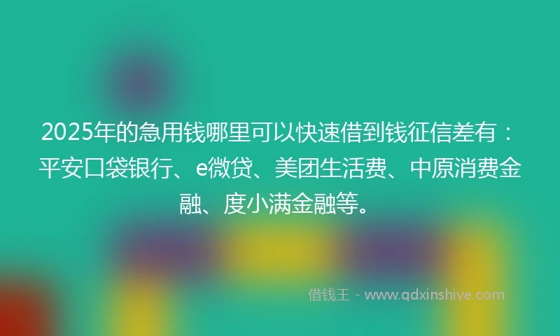 2025年的急用钱哪里可以快速借到钱征信差有：平安口袋银行、e微贷、美团生活费、中原消费金融、度小满金融等。