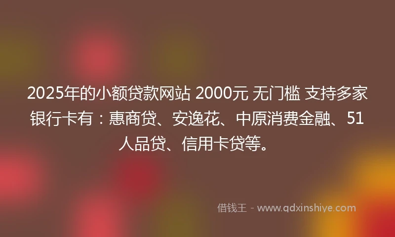 2025年的小额贷款网站 2000元 无门槛 支持多家银行卡有：惠商贷、安逸花、中原消费金融、51人品贷、信用卡贷等。