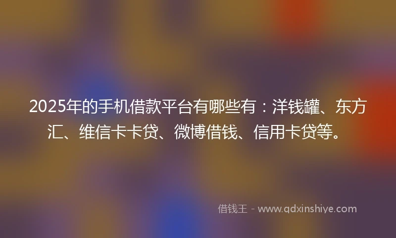 2025年的手机借款平台有哪些有：洋钱罐、东方汇、维信卡卡贷、微博借钱、信用卡贷等。