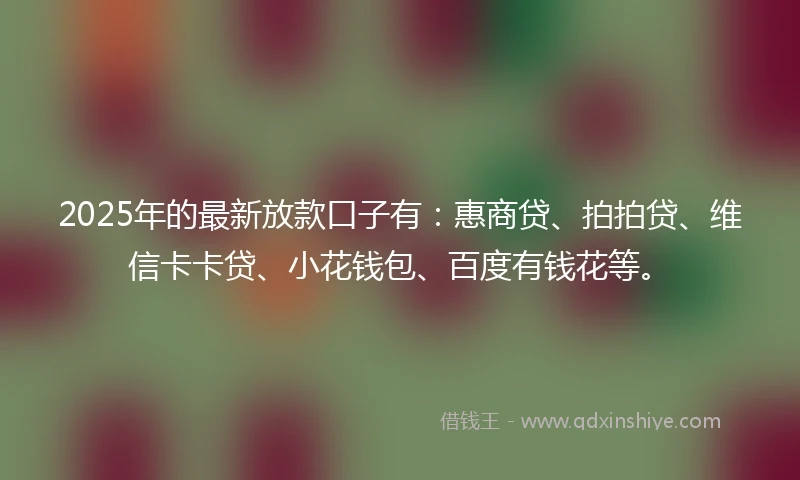 2025年的最新放款口子有：惠商贷、拍拍贷、维信卡卡贷、小花钱包、百度有钱花等。