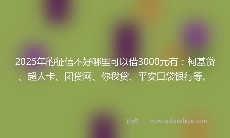2025年的征信不好哪里可以借3000元有：柯基贷、超人卡、团贷网、你我贷、平安口袋银行等。