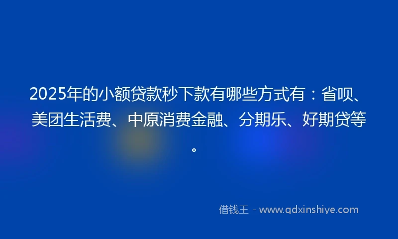 2025年的小额贷款秒下款有哪些方式有：省呗、美团生活费、中原消费金融、分期乐、好期贷等。