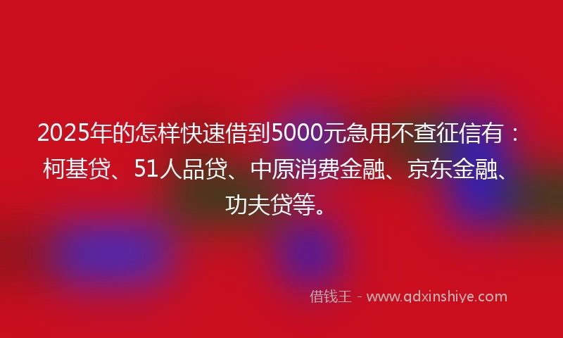 2025年的怎样快速借到5000元急用不查征信有：柯基贷、51人品贷、中原消费金融、京东金融、功夫贷等。