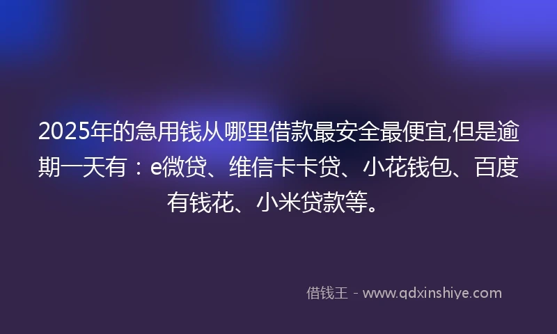 2025年的急用钱从哪里借款最安全最便宜,但是逾期一天有：e微贷、维信卡卡贷、小花钱包、百度有钱花、小米贷款等。