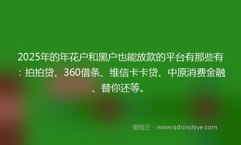 2025年的年花户和黑户也能放款的平台有那些有：拍拍贷、360借条、维信卡卡贷、中原消费金融、替你还等。