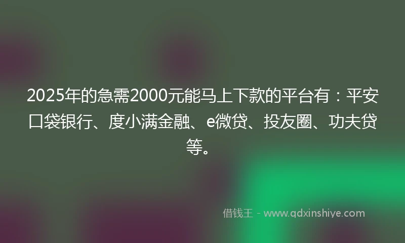 2025年的急需2000元能马上下款的平台有：平安口袋银行、度小满金融、e微贷、投友圈、功夫贷等。