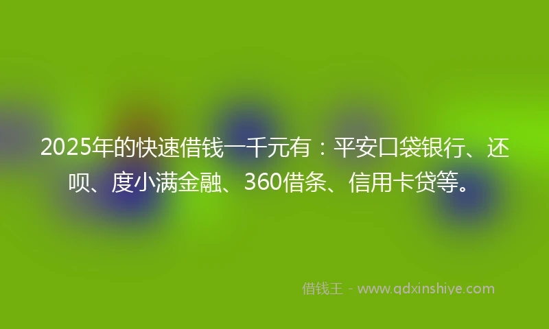 2025年的快速借钱一千元有：平安口袋银行、还呗、度小满金融、360借条、信用卡贷等。