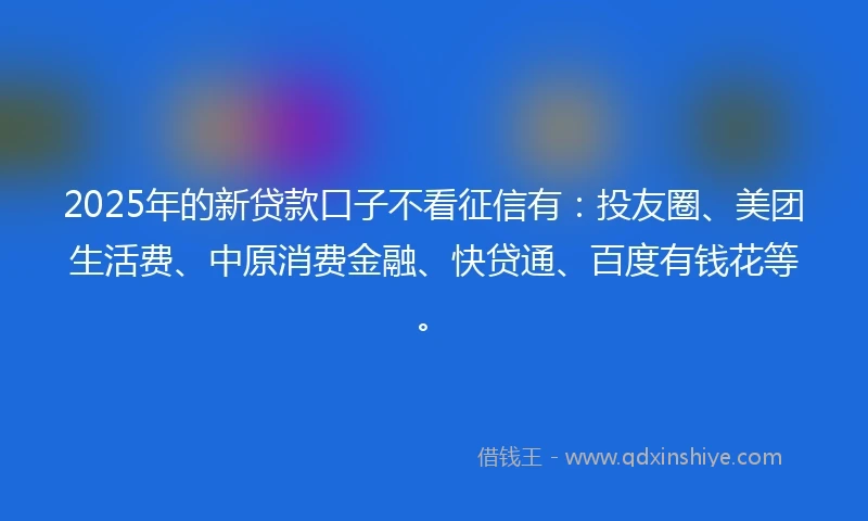 2025年的新贷款口子不看征信有：投友圈、美团生活费、中原消费金融、快贷通、百度有钱花等。