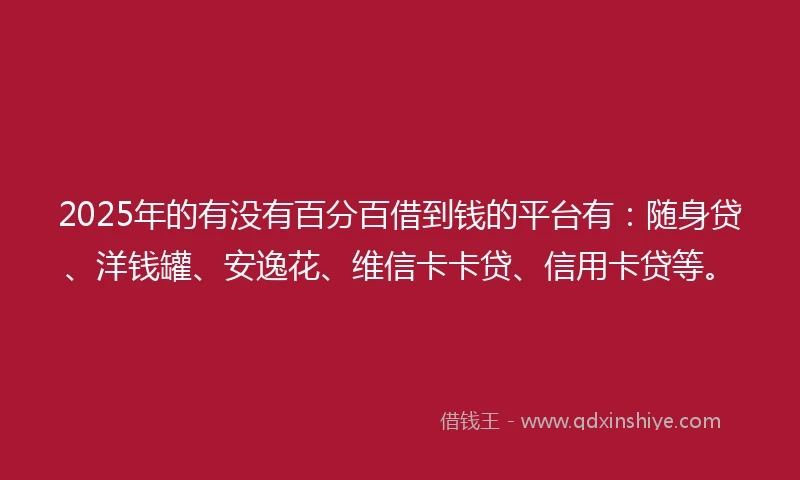 2025年的有没有百分百借到钱的平台有:随身贷、洋钱罐、安逸花、维信卡卡贷、信用卡贷等。
