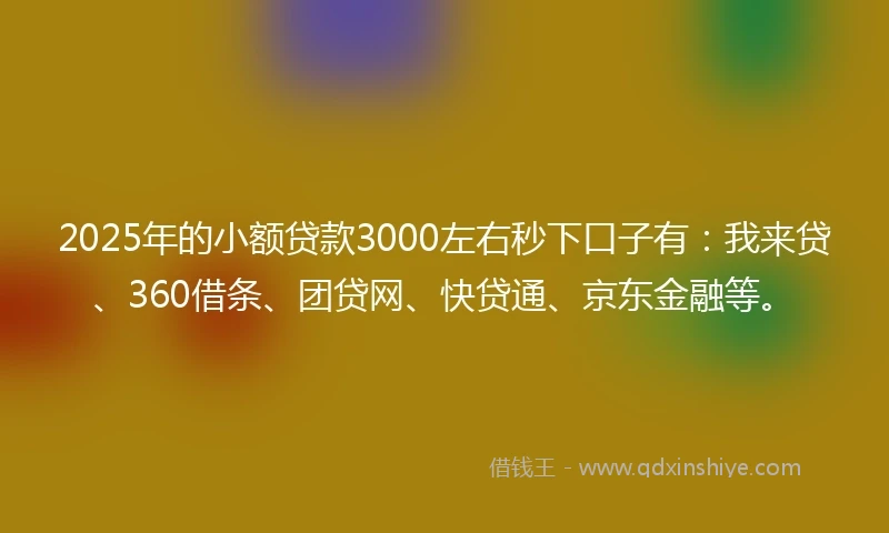 2025年的小额贷款3000左右秒下口子有：我来贷、360借条、团贷网、快贷通、京东金融等。