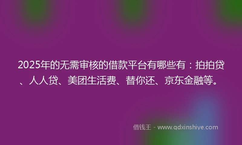 2025年的无需审核的借款平台有哪些有：拍拍贷、人人贷、美团生活费、替你还、京东金融等。