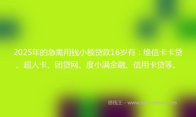 2025年的急需用钱小额贷款16岁有：维信卡卡贷、超人卡、团贷网、度小满金融、信用卡贷等。