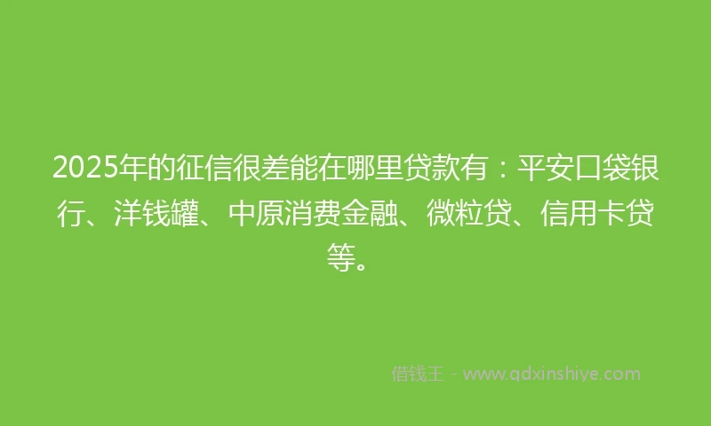 2025年的征信很差能在哪里贷款有：平安口袋银行、洋钱罐、中原消费金融、微粒贷、信用卡贷等。