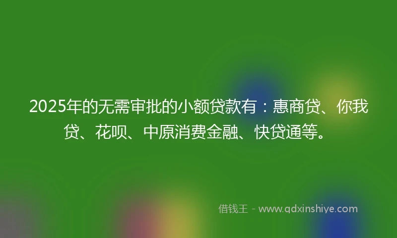 2025年的无需审批的小额贷款有：惠商贷、你我贷、花呗、中原消费金融、快贷通等。