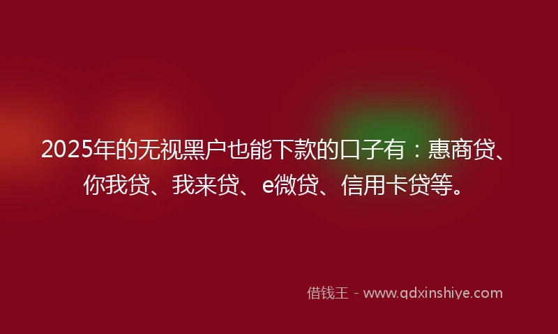 2025年的无视黑户也能下款的口子有：惠商贷、你我贷、我来贷、e微贷、信用卡贷等。