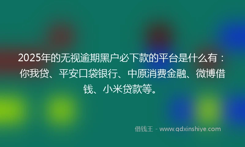 2025年的无视逾期黑户必下款的平台是什么有：你我贷、平安口袋银行、中原消费金融、微博借钱、小米贷款等。