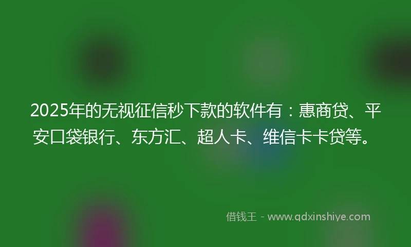 2025年的无视征信秒下款的软件有：惠商贷、平安口袋银行、东方汇、超人卡、维信卡卡贷等。