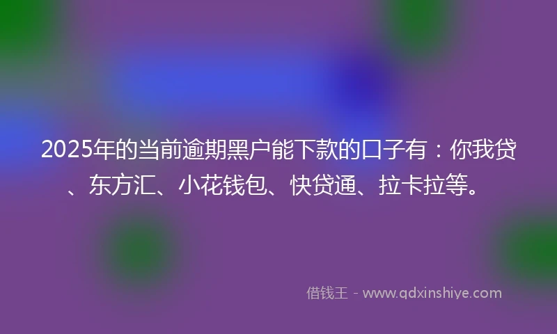 2025年的当前逾期黑户能下款的口子有：你我贷、东方汇、小花钱包、快贷通、拉卡拉等。
