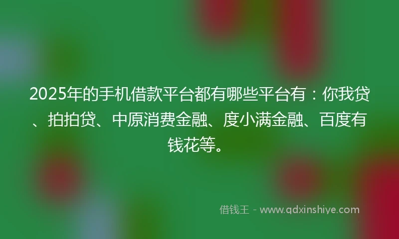 2025年的手机借款平台都有哪些平台有：你我贷、拍拍贷、中原消费金融、度小满金融、百度有钱花等。