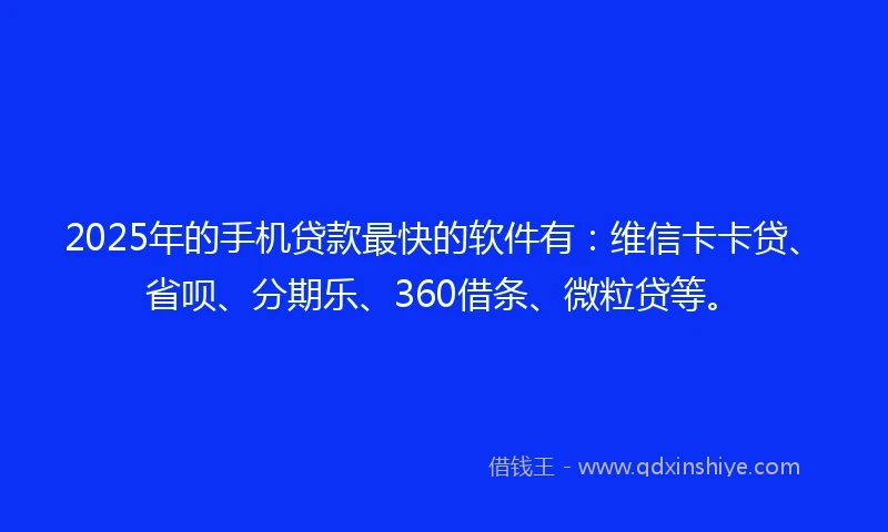 2025年的手机贷款最快的软件有：维信卡卡贷、省呗、分期乐、360借条、微粒贷等。