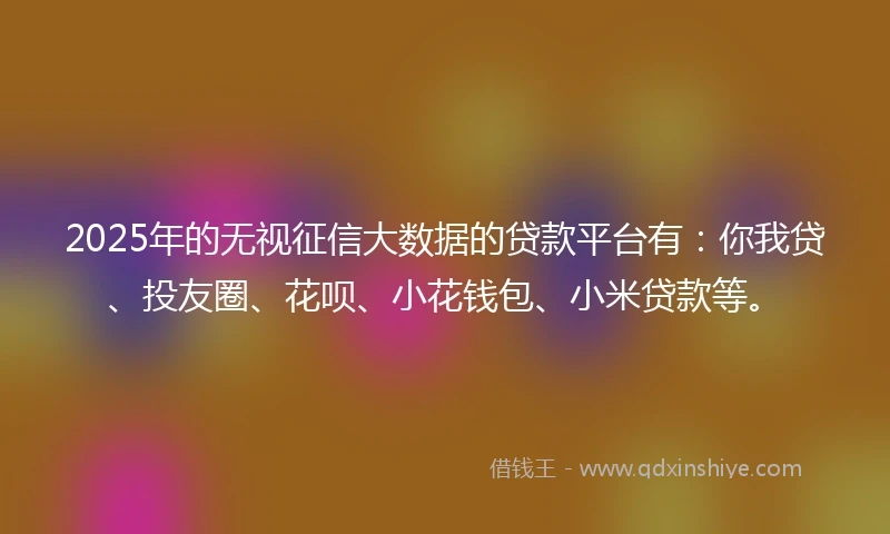 2025年的无视征信大数据的贷款平台有：你我贷、投友圈、花呗、小花钱包、小米贷款等。