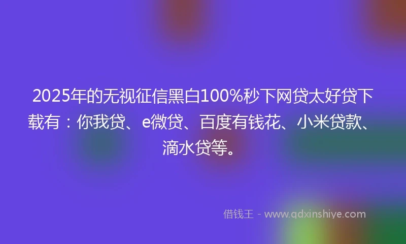 2025年的无视征信黑白100%秒下网贷太好贷下载有：你我贷、e微贷、百度有钱花、小米贷款、滴水贷等。