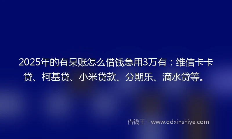 2025年的有呆账怎么借钱急用3万有：维信卡卡贷、柯基贷、小米贷款、分期乐、滴水贷等。