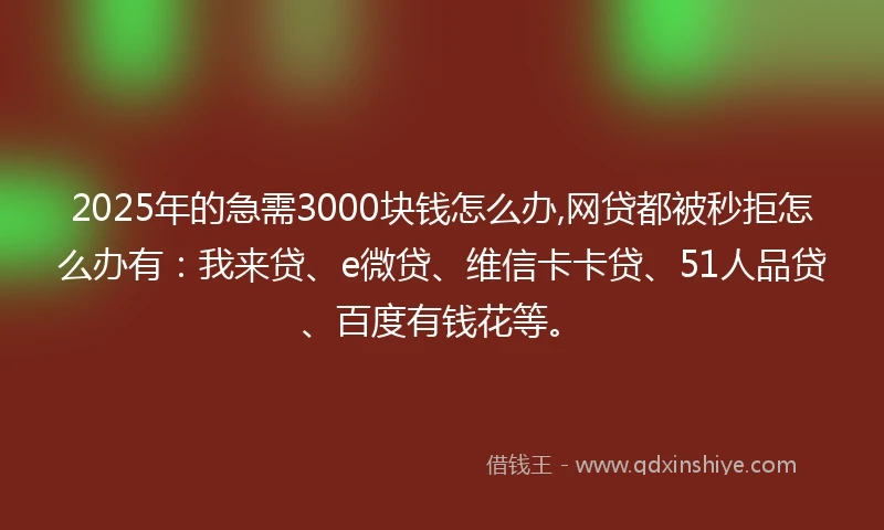 2025年的急需3000块钱怎么办,网贷都被秒拒怎么办有：我来贷、e微贷、维信卡卡贷、51人品贷、百度有钱花等。