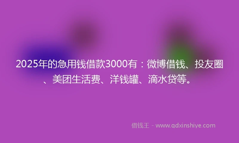 2025年的急用钱借款3000有：微博借钱、投友圈、美团生活费、洋钱罐、滴水贷等。
