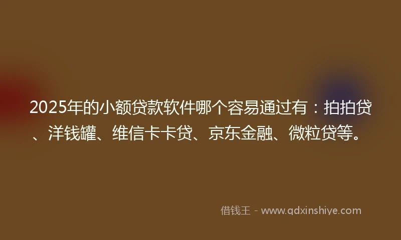 2025年的小额贷款软件哪个容易通过有：拍拍贷、洋钱罐、维信卡卡贷、京东金融、微粒贷等。