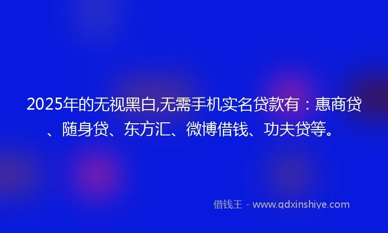 2025年的无视黑白,无需手机实名贷款有：惠商贷、随身贷、东方汇、微博借钱、功夫贷等。