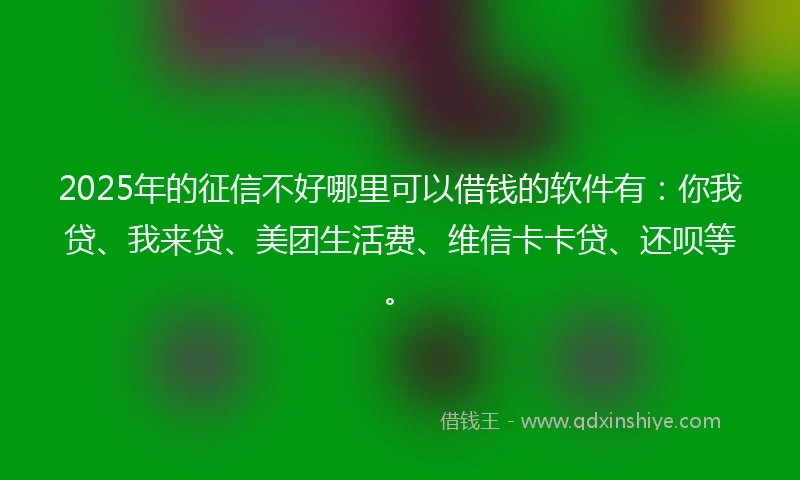 2025年的征信不好哪里可以借钱的软件有：你我贷、我来贷、美团生活费、维信卡卡贷、还呗等。