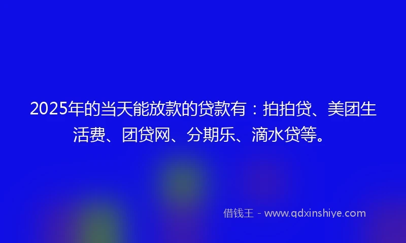 2025年的当天能放款的贷款有：拍拍贷、美团生活费、团贷网、分期乐、滴水贷等。