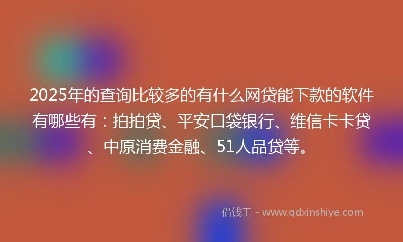 2025年的查询比较多的有什么网贷能下款的软件有哪些有：拍拍贷、平安口袋银行、维信卡卡贷、中原消费金融、51人品贷等。