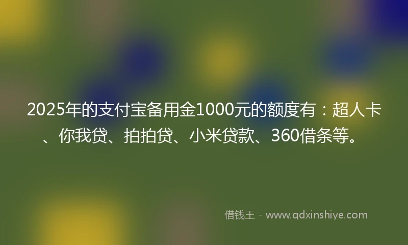 2025年的支付宝备用金1000元的额度有：超人卡、你我贷、拍拍贷、小米贷款、360借条等。