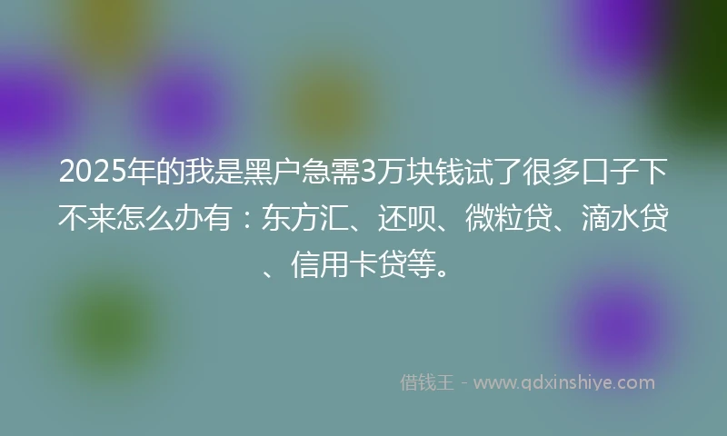2025年的我是黑户急需3万块钱试了很多口子下不来怎么办有：东方汇、还呗、微粒贷、滴水贷、信用卡贷等。