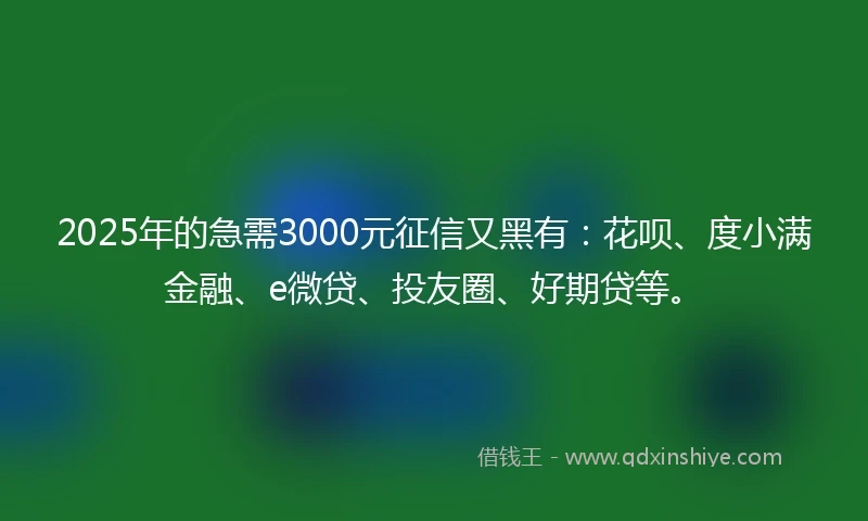 2025年的急需3000元征信又黑有：花呗、度小满金融、e微贷、投友圈、好期贷等。