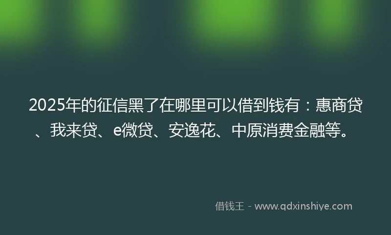 2025年的征信黑了在哪里可以借到钱有：惠商贷、我来贷、e微贷、安逸花、中原消费金融等。