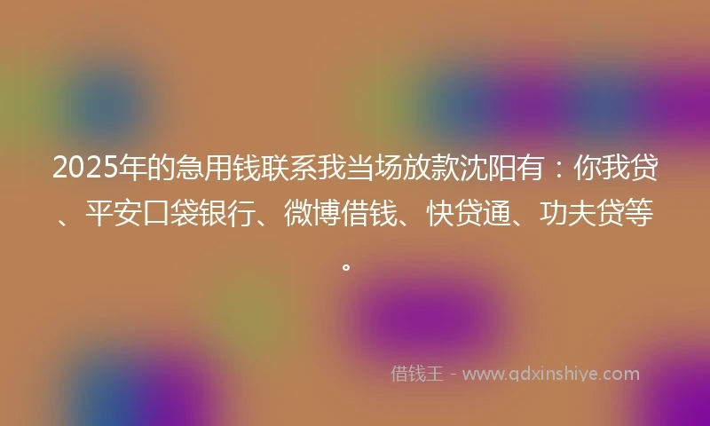 2025年的急用钱联系我当场放款沈阳有：你我贷、平安口袋银行、微博借钱、快贷通、功夫贷等。