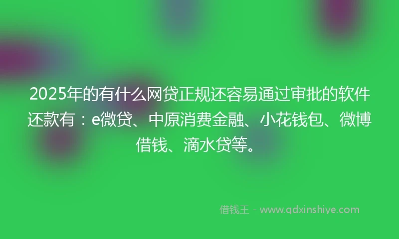 2025年的有什么网贷正规还容易通过审批的软件还款有：e微贷、中原消费金融、小花钱包、微博借钱、滴水贷等。